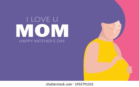 Happy Mother's day greeting card. Beautiful pregnant mother and i love mom with holiday background isolated Vector illustration modern flat style
