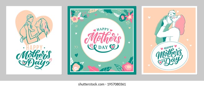 Happy Mother's Day greeting card, poster, banner. Set of Hand lettering text. Vector calligraphy collection. Floral elements. Illustration of a mother holding a little baby in her arms
