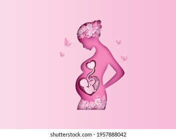 Happy Mother's day greeting card with pregnant woman.paper cut , paper collage style with digital craft .