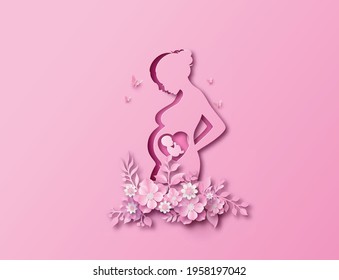 Happy Mother's day greeting card with pregnant woman.paper cut , paper collage style with digital craft .