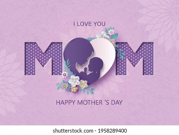 Happy Mother's day greeting card with pregnant woman.paper cut , paper collage style with digital craft .