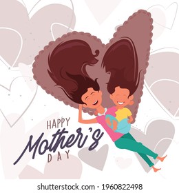 Happy Mothers Day. Greeting card design.Vector Eps 10. Mother and daughter lying on the heart shaped pillow. They have happy face.