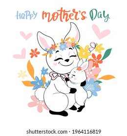 Happy mothers day greeting card with funny mother with child bunny and the inscription happy mothers day. Vector illustration. Doodle carton style
