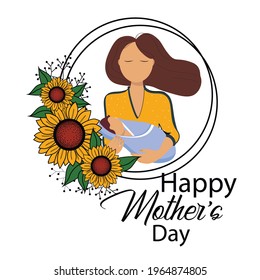 Happy Mothers Day Greeting Card. Vector Illustration Of Mother Holding Baby In Arms.