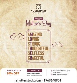 Happy mother's day greeting card design with heart or love and typography letter on vintage paper background, Creative post Mother love concept.