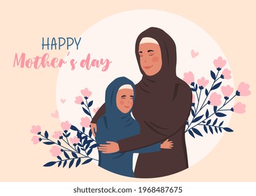 Happy mothers day greeting card or poster template. Happy cute mom and daughter in hijabs hugging. Flat cartoon vector illustration design