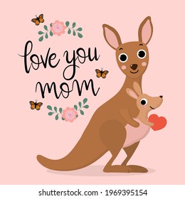 Tarjeta de felicitación del Día de la Madre con canguro y bebé, joey. Caricatura de animales salvajes de Australia. -Vector 