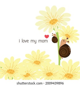 Happy Mother's Day Greeting Card. Mom and baby snail cartoon.