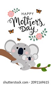 Happy Mother's Day greeting card with koala bear and baby. Australia animal wildlife cartoon character. -Vector 