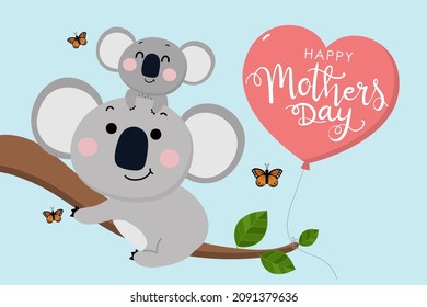 Happy Mother's Day greeting card with koala bear and baby. Australia animal wildlife cartoon character. -Vector 