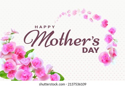Happy Mother's Day. Greeting card with beautiful blooming flowers on light pink dots background. Template for International Mother's Day.