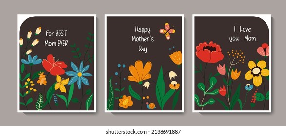 Happy Mother's Day greeting card collection with cute scandinavian flowers. Spring floral holiday background set for poster, cover, social media post template. Color vector illustrations