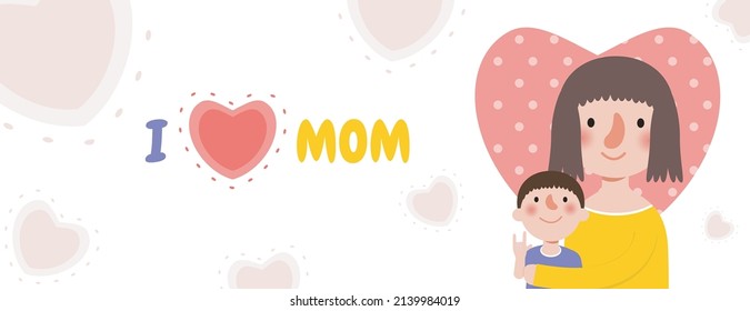 Happy Mother's day greeting card. banner template Beautiful mother hugging son on heart background, i love mom with holiday isolated Vector illustration modern flat style