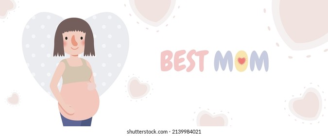 Happy Mother's day greeting card. banner template Beautiful pregnant mother and i love mom with holiday background isolated Vector illustration modern flat style