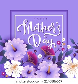 Happy Mothers day greeting card with white and light purple flowers