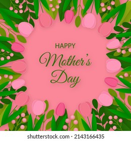 Happy Mother's Day greeting card. Beautiful leaves, flowers and berries on pink background. Vector illustration in paper cut style.