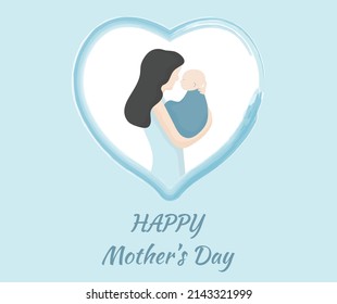 Happy Mother's Day greeting card in blue. Vector illustration of Mother holding baby son in arms inside a heart.