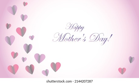 Happy Mother's Day greeting card. Vector banner with flying pink paper hearts. Love symbols and text on white and pink background