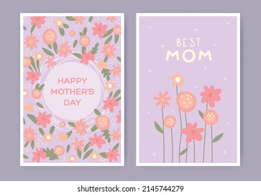 Happy mother's day Greeting Card set with spring flowers. Hand drawn vector cover, poster, banner or cards for the holiday moms