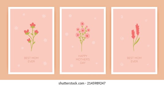 Happy mother's day Greeting Card set with minimalistic flowers. Hand drawn vector cover, poster, banner or cards for the holiday moms