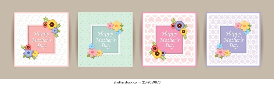 Happy Mother's Day greeting card template set. Flower decoration with white die cut frame on soft pink, green and purple background. 