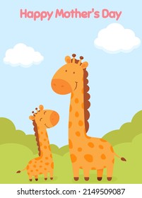 Happy mother's day greeting card with cute giraffes. Mother and children. Animal cartoon character set. Perfect for greeting cards and posters.