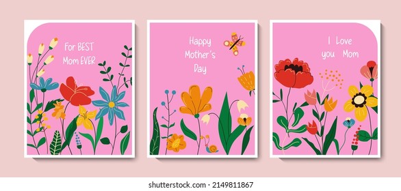 Happy Mother's Day greeting card collection with cute flowers in scandinavian style. Spring floral holiday background set for poster, postcard, social media post template. flat vector illustrations