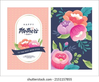 Happy mother's day greeting card front and back with beautiful blossom flowers.