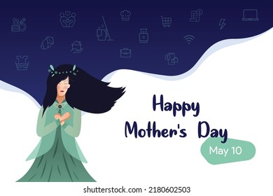 Happy Mother's Day greeting card template with copy space. Hand-drawn mother in flat vector illustration.