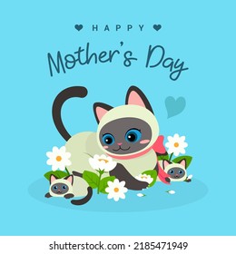 Happy Mother's Day greeting card vector design. Beautiful Beautiful Siamese mother cat and kitten	