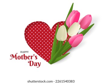 Happy Mother's day greeting card. Mother's day design template with red heart and tulip flowers. Modern design for invitation, greeting card, Women's Day, Valentine's Day, wedding.Vector illustration.