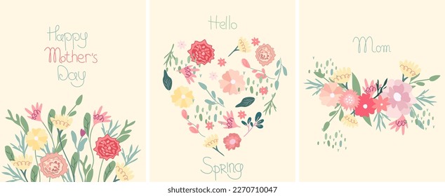 Happy Mother's Day greeting card with bright flowers, green leaves, hearts, etc. The concept of happiness, joy, holiday. Vector graphics.