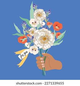 Happy Mother's day greeting card design template with arm holding a bunch of flowers. Hand drawn poster, flyer or card vector illustration with lettering in trendy contemporary art style.