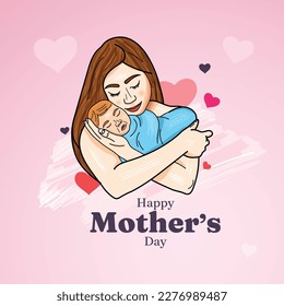 Happy mothers day greeting card illustration with mom and child, Happy mothers day