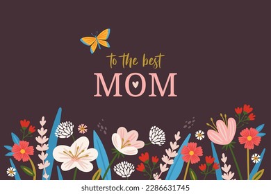 Happy Mother's day greeting card with cute flower and leaves. Childish print for decoration and background. Vector illustration