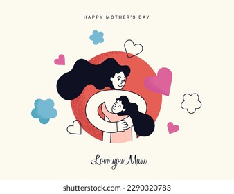 Feliz tarjeta de felicitación del día de la madre. Mamá abraza a su hija con gran amor y ternura. Concierto festivo creativo para banner web, banner de medios sociales, afiche, presentación. Ilustración vectorial plana.