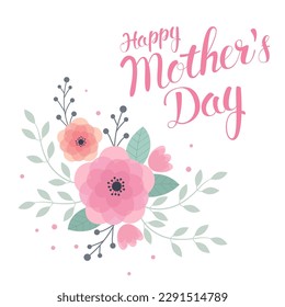 Happy Mother's Day greeting card. Beautiful bouquet pink flowers. Vector illustration.