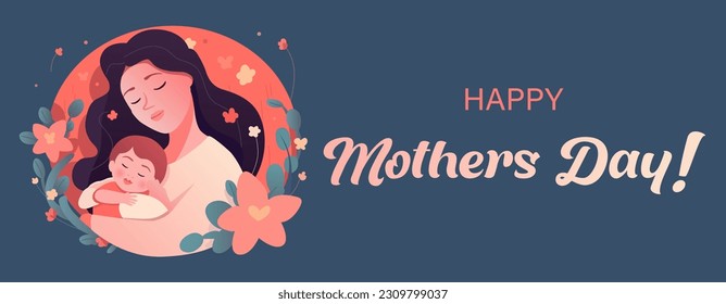 Happy Mothers Day Greeting Card. Vector Illustration Of Mother Holding Baby Son In Arms.