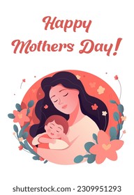 Happy Mothers Day Greeting Card. Vector Illustration Of Mother Holding Baby Son In Arms.