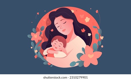 Happy Mothers Day Greeting Card. Vector Illustration Of Mother Holding Baby Son In Arms.