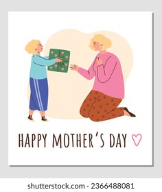 Happy mothers day greeting card, child giving gift box to his mother, flat vector illustration. Cute little kid with present. Happy woman and her son are celebrating holiday.