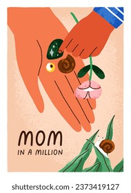 Happy Mothers day, greeting card design. Mom and kids hands with cute gifts on women palm. Child presenting delicate flower to mommy with love for international mums holiday. Flat vector illustration