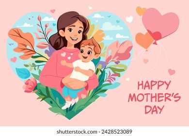 Happy Mothers Day greeting card with mother with little son surrounded by heart-shaped flowers. Vector flat illustration