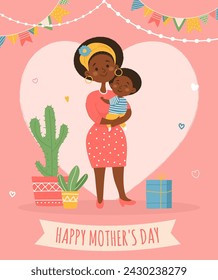 Happy mothers day greeting card with african american mother holding her baby. Vector illustration