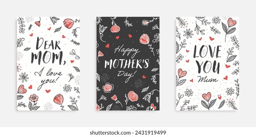 Happy Mother's Day Greeting Card set with beautiful flowers and hearts. Vector illustration