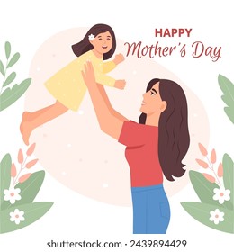 Happy Mother's Day Greeting Card. Mum and daughter. .Vector illustration