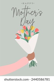 Happy Mother's day greeting card with hand holding a bouquet of beautiful tulips. Cartoon flat style design template for Women's day, Birthday or wedding. Spring vector illustration