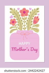 Happy Mother's Day greeting card with flowers in a vase in flat style