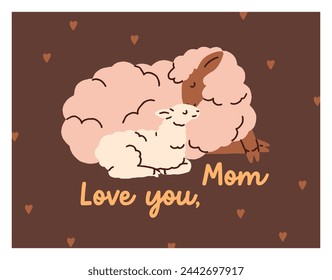 Happy Mother's day, greeting card design with sheep mom and baby. Holiday postcard background, adorable sweet farm animal, mommy and cute lamb cub, love phrase, quote. Flat vector illustration