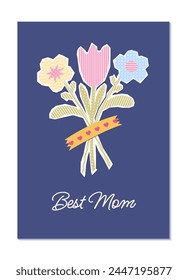 Happy Mother's day greeting card in childish applique style with paper flowers.